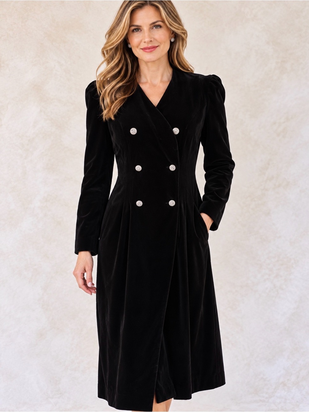 Albert Nipon I. Magnin Black Velvet Long Coat Jeweled Buttons 12 Petite
